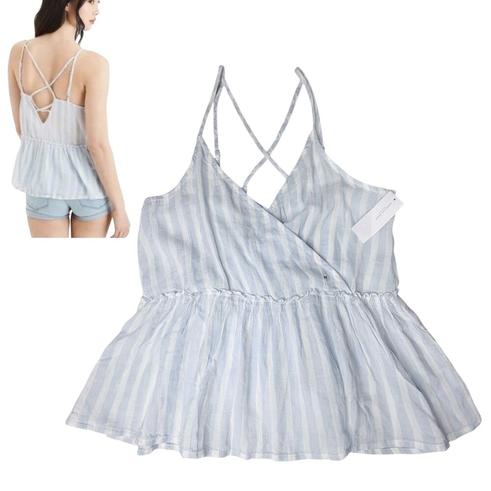 American Eagle Cami Peplum Top Blue White Stripe Strappy Back Women's Medium New